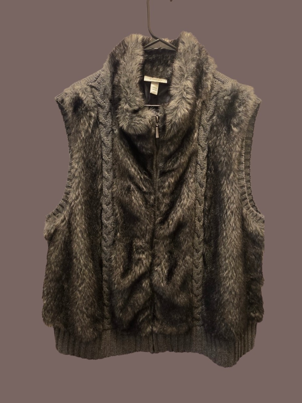 Dressbarn Faux Fur Cable-Trim Zip Vest - Gray